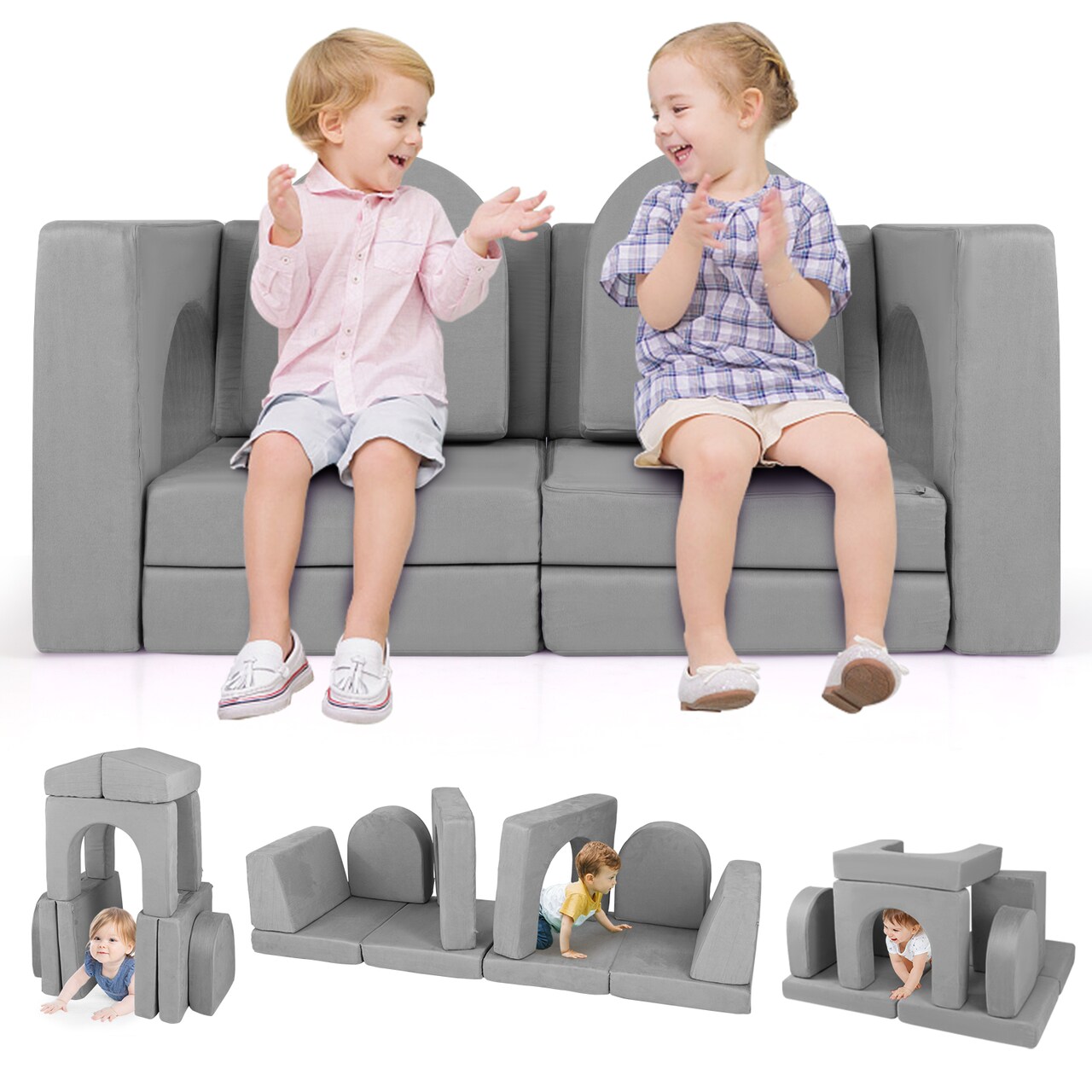 Suede 8-Piece Kids Climbing Blocks Set with Cushions, Arches and Modular Design